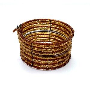 Wide Cuff Bracelet Brown & Gold Glass Seed Beads Memory Wire
